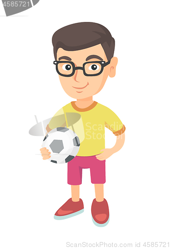 Image of Little caucasian boy holding a football ball.