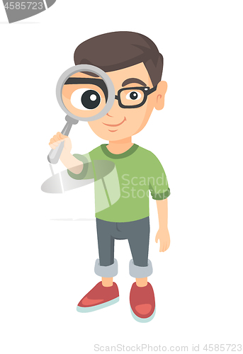 Image of Caucasian boy looking through a magnifying glass.