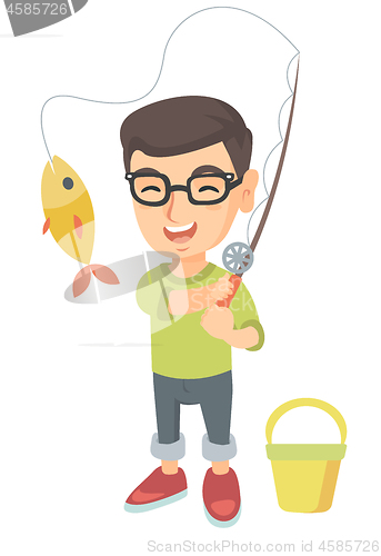 Image of Little boy holding fishing rod with fish on hook.