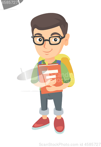 Image of Caucasian schoolboy with backpack and textbook.