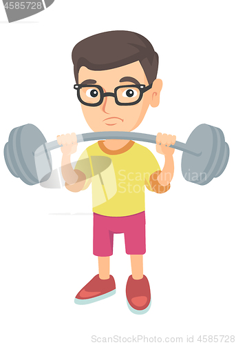 Image of Upset caucasian boy lifting heavy weight barbell.