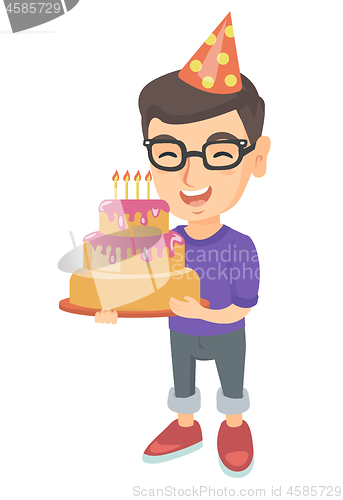 Image of Caucasian child holding birthday cake with candles