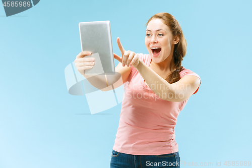 Image of Businesswoman hugging laptop. Love to computer concept.