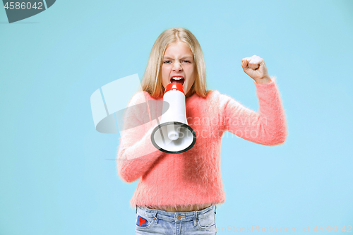 Image of The little girl making announcement with megaphone