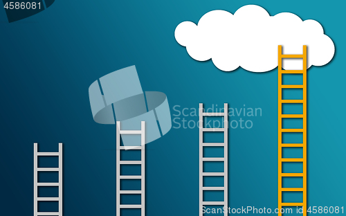 Image of Yellow ladder to cloud on blue background