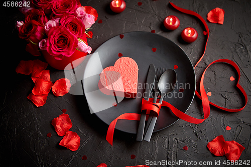 Image of Valentines day, table setting and romantic dinner concept.