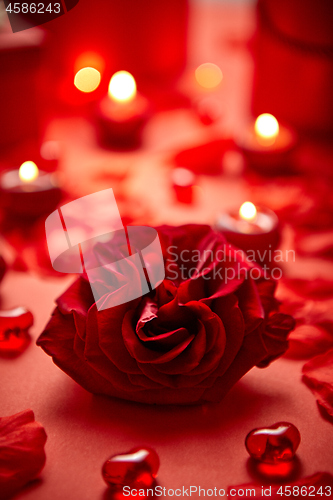 Image of Valentines day romantic decoration with roses, boxed gifts, candles