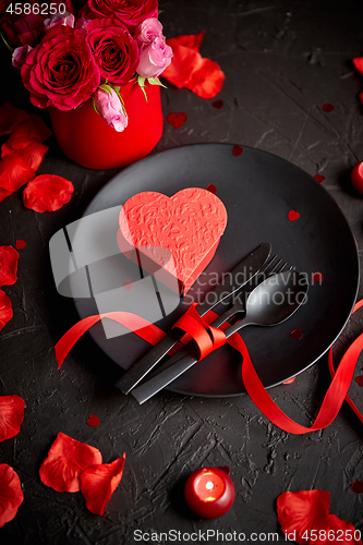 Image of Valentines day, table setting and romantic dinner concept.