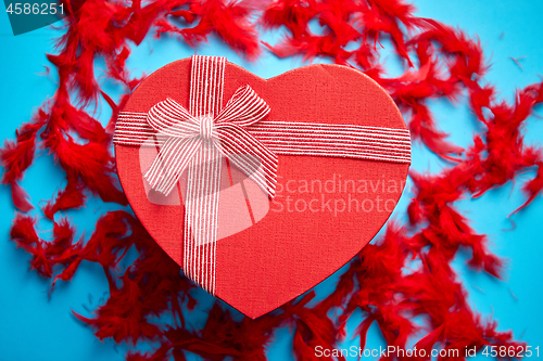 Image of Red, heart shaped gift box placed on blue background among red feathers