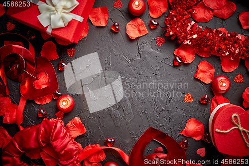 Image of Red roses petals, candles, dating accessories, boxed gifts, hearts, sequins