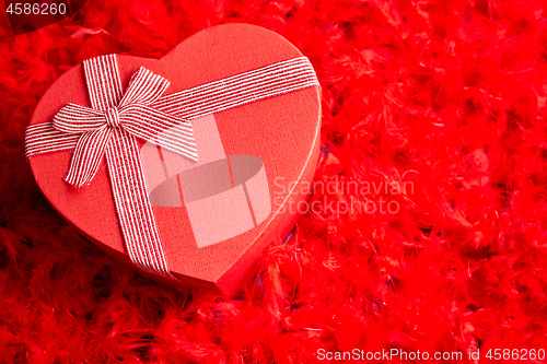 Image of Heart shaped boxed gift, placed on red feathers background