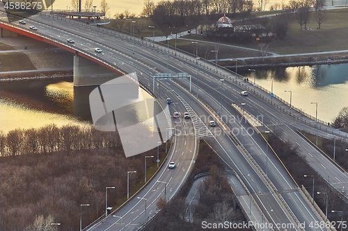 Image of Highway bridge with some traffic, aerial view