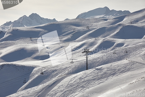 Image of Skiing slopes, snowy Alpine landscape