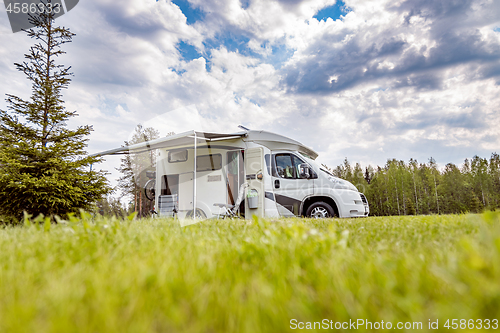 Image of Family vacation travel RV, holiday trip in motorhome