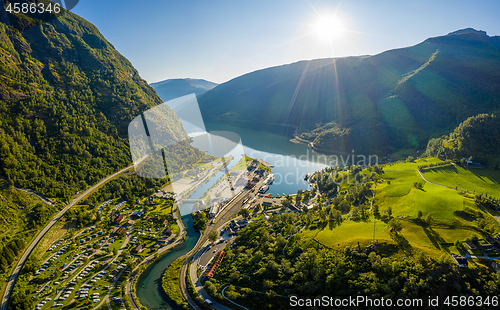 Image of Aurlandsfjord Town Of Flam at dawn.