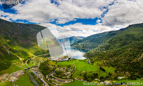 Image of Aurlandsfjord Town Of Flam at dawn.