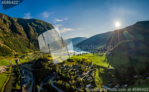 Image of Aurlandsfjord Town Of Flam at dawn.