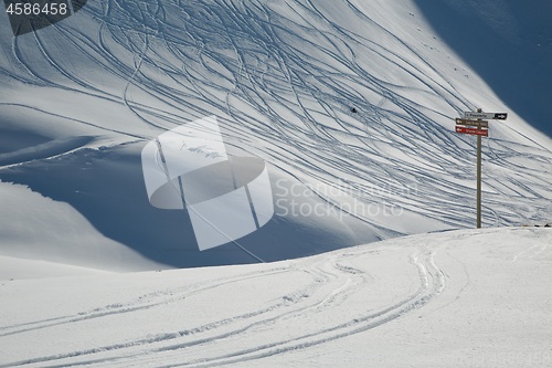 Image of Skiing slopes, snowy Alpine landscape