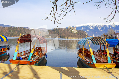 Image of Traditional wooden boats on Lake Bled in Slovenia