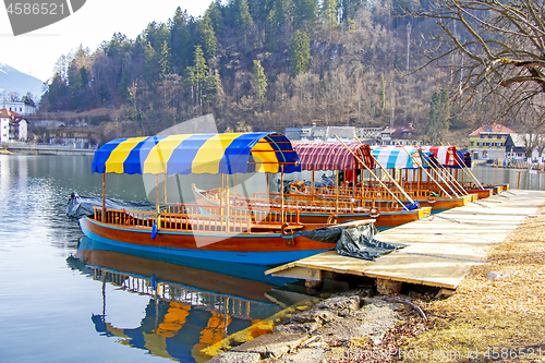 Image of Traditional wooden boats on Lake Bled in Slovenia