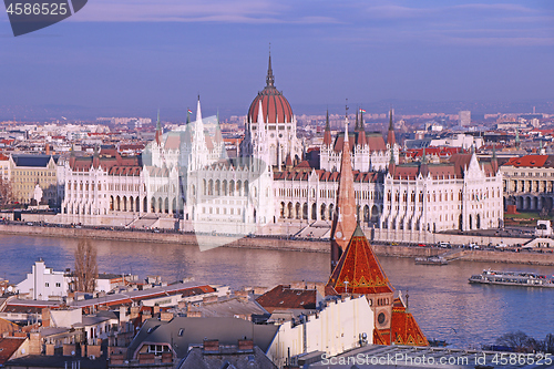 Image of Panorama with building of Hungarian parliament at Danube river i