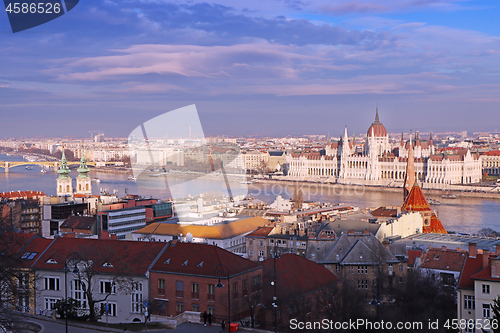 Image of Panorama with building of Hungarian parliament at Danube river i