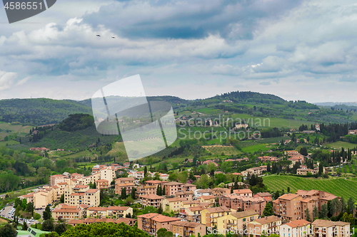 Image of Beautiful spring froggy landscape in Tuscany