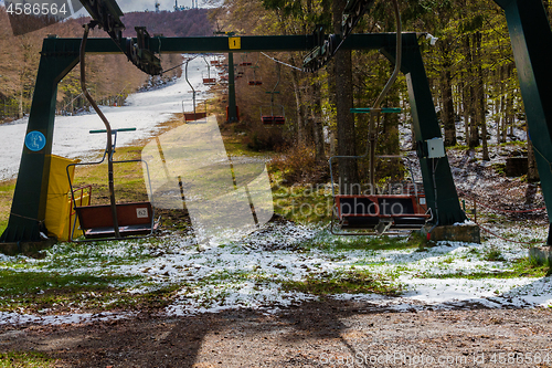 Image of Empty ski lift chairs sitting idle during the off season