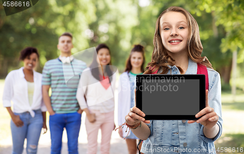 Image of student girl with school bag and tablet computer