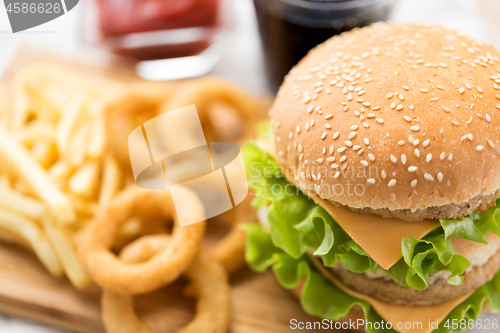 Image of close up of hamburger and other fast food