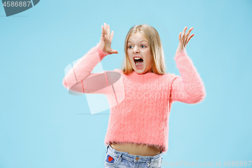 Image of Isolated on pink young casual teen girl shouting at studio