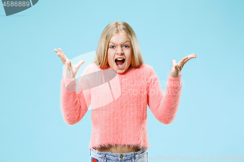 Image of Isolated on pink young casual teen girl shouting at studio