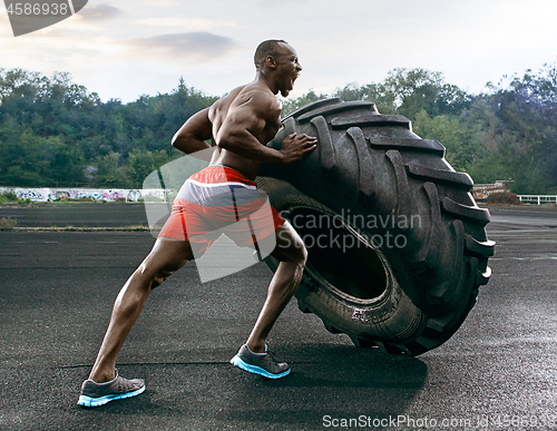 Image of Handsome muscular man flipping big tire outdoor.