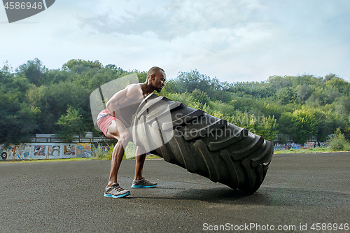 Image of Handsome muscular man flipping big tire outdoor.