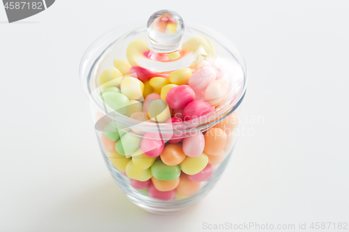 Image of close up of glass jar with colorful candy drops