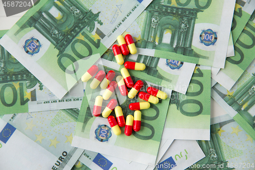 Image of close up of pills or drugs and euro cash money