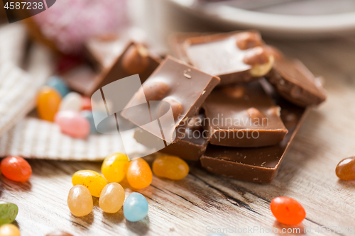 Image of close up of drop candies and chocolate on table