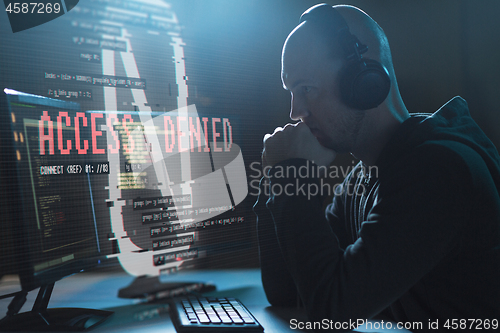 Image of hacker with access denied messages on computer