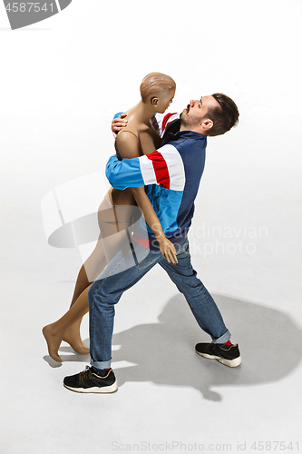 Image of Fashion woman body. The man hugging mannequin, perfect woman dream concept