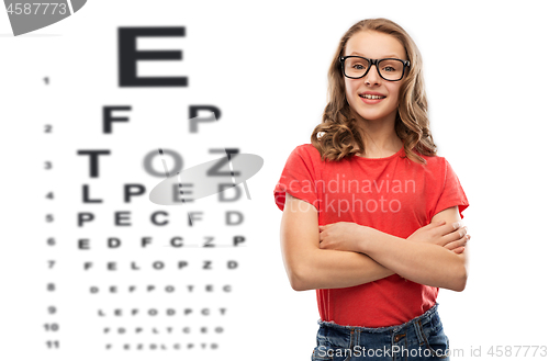 Image of teenage girl in glasses over eye test chart