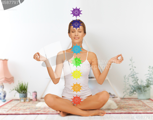 Image of woman in lotus pose doing yoga with seven chakras