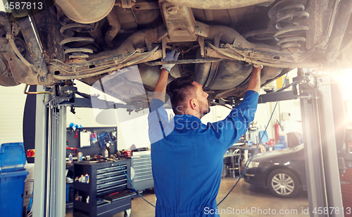 Image of mechanic man or smith repairing car at workshop