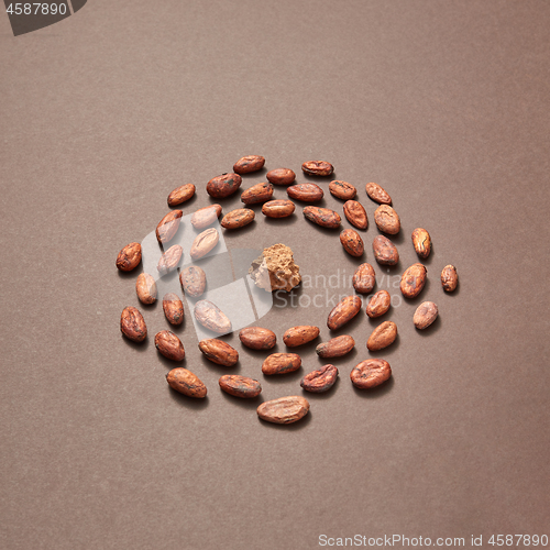 Image of Cacao peas in the shape of round frame with cocoa mass.