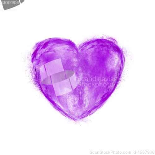 Image of Violet powder explosion in the shape of heart.