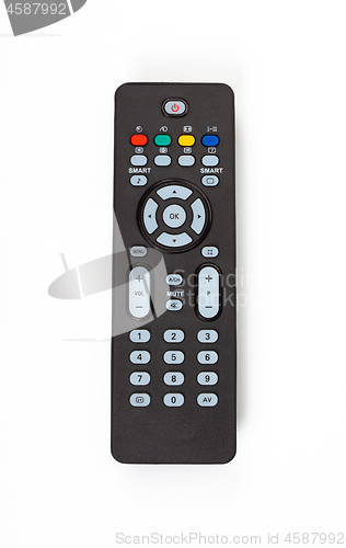 Image of remote control for tv on the white background. top view