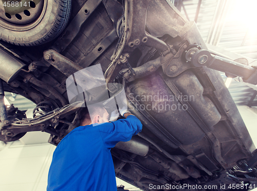 Image of mechanic man or smith repairing car at workshop