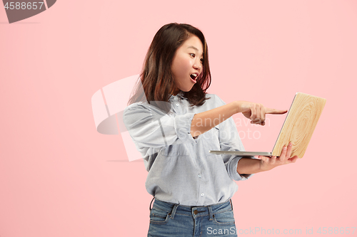 Image of Businesswoman with laptop. Love to computer concept.