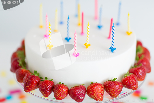 Image of close up of birthday cake with candles on stand