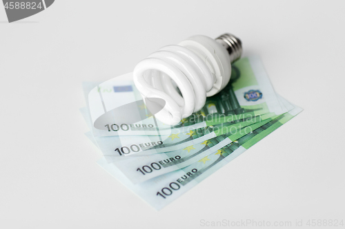 Image of close up of energy saving lightbulb and euro money