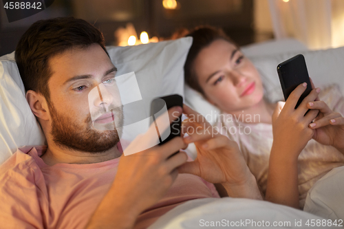 Image of couple using smartphones in bed at night